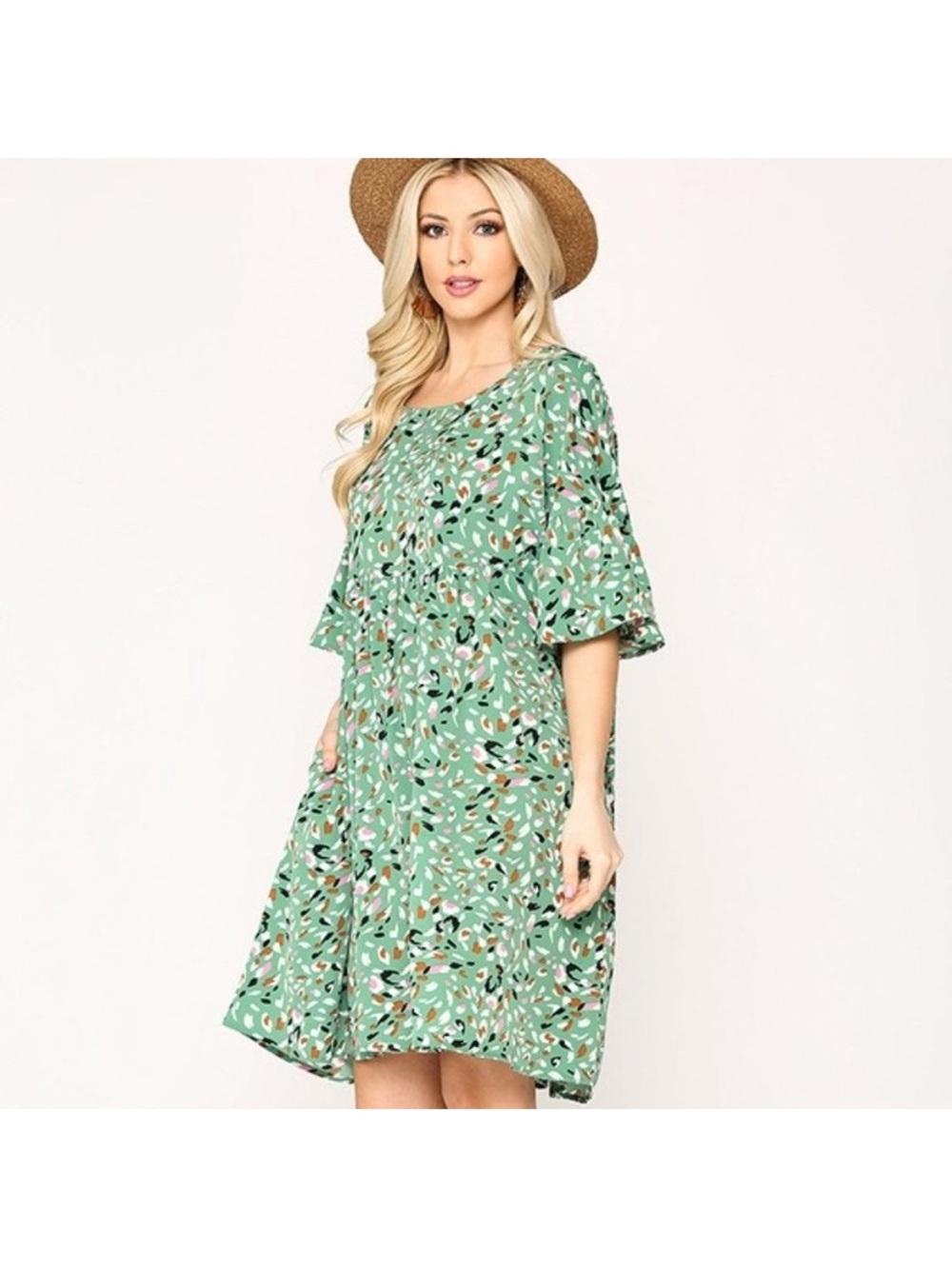 Gigio Green Abstract Print Casual Babydoll Dress Short Sleeves XL NWT PC1879 - Picture 2 of 7